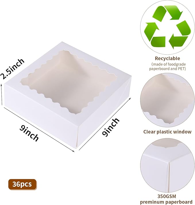 36 pcs 9x9x2.5 Inches Cake Box with Window, Bakery Pastry Cookie Boxes, Mini Pie for Pastry,Dessert,Strawberries,Chocolates (White, 9x9x2.5inch/36pcs)