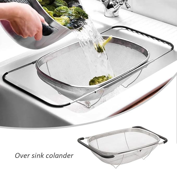 Over Sink Colander Fine Mesh Stainless Steel Strainer Basket with Handle for Kitchen Sink S...