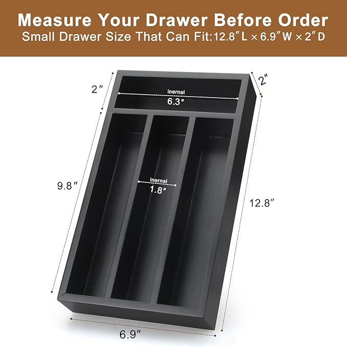 Ayiaren Wooden Silverware Drawer Organizer Tray Small Kitchen Utensil Holder for Drawer Narrow Flatware Organizers Divider Black Wood Cutlery Trays Bamboo Utensil Organizer Spoon and Fork Holder Tray