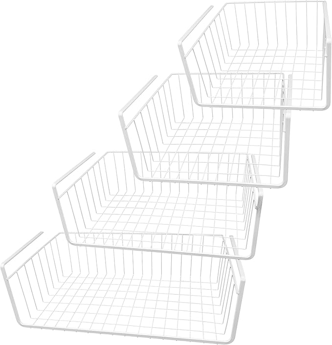 Under Shelf Storage Basket Set – 4-Piece White Wire Hanging Organizer for Kitchen, Pantry, or Cabinet Shelves