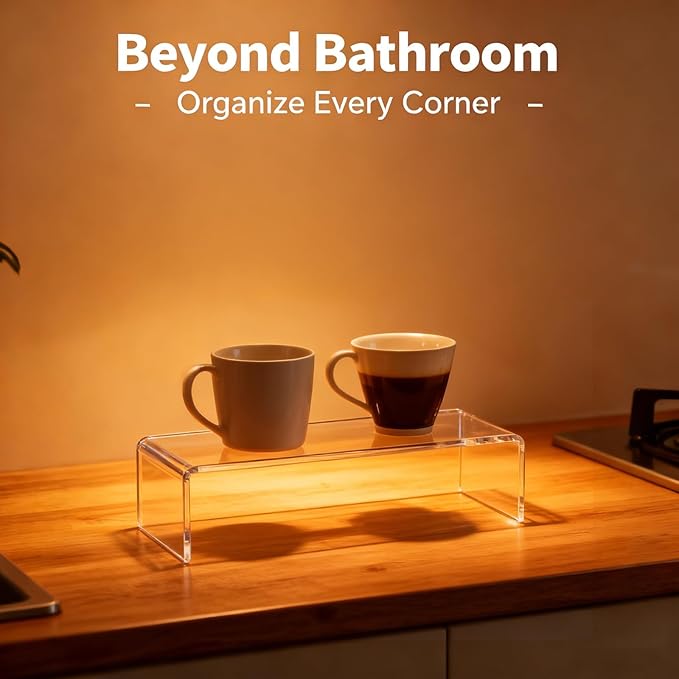 2-Pack Acrylic Medicine Cabinet Organizer, Clear Bathroom Shelves with 2 Non-Slip Pads for Vanity & RV Storage (1 x 11.4x3x3.7in+1 x 11.4x3x5.1in)