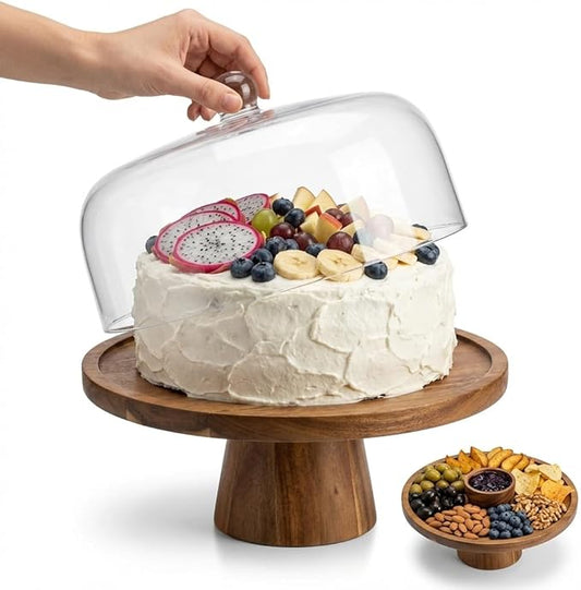 2-in-1 Multifunctional Cake Stand with Acrylic Dome, Rotating Cake Plate Acacia Wood Cake Stand with Acrylic Lid, Cake Decorating Turntable for Baking Gifts, Birthday Kitchen Party, Weddings