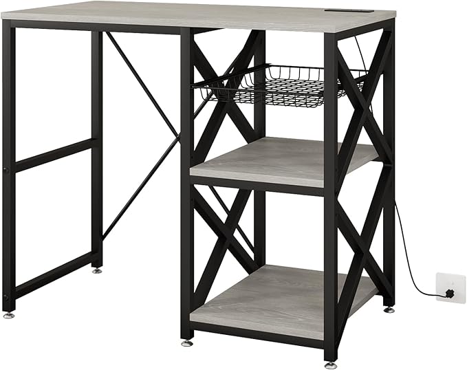 Kitchen Bakers Rack with Power Outlet,Mini Fridge Cabinet with Mesh Basket, Mini Fridge and Microwave Table with Storage for Office,Kitchen,Living Room,Coffee Bar,Patio,Greige
