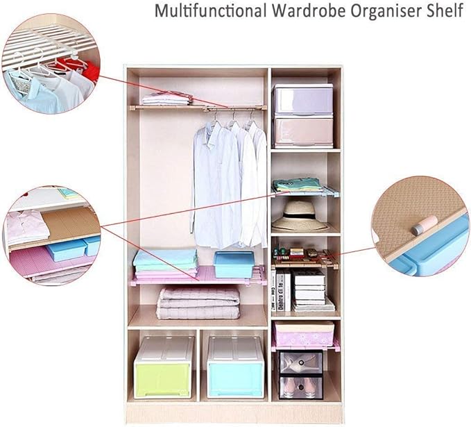 Adjustable Shelf Organizer Expandable Closet Shelf and Rod with No Drilling for Wardrobe Cupboard Kitchen Bookcase (18.2" - 29.5")