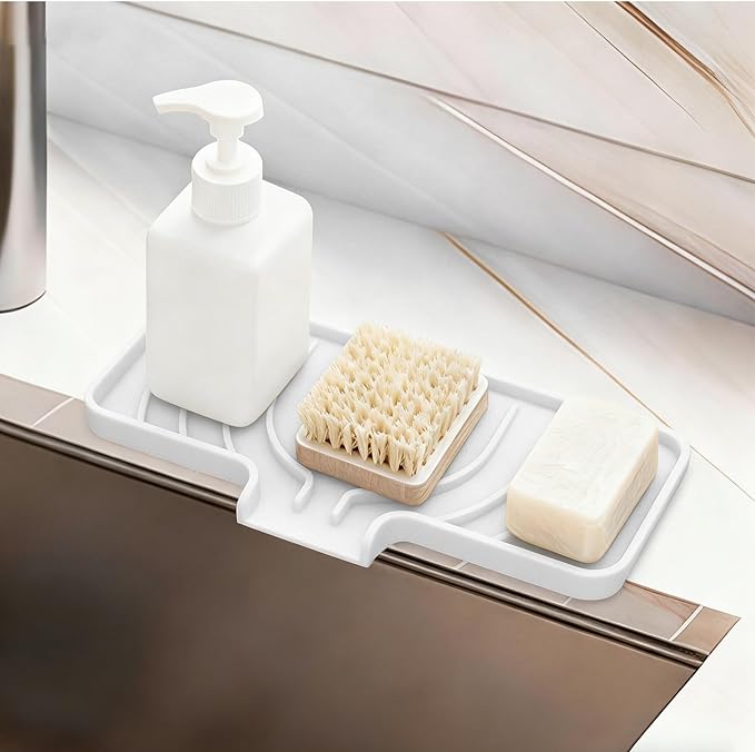 GUUKIN Sponge Holder for Kitchen Sink , 9.8"×4.9" Silicone Dish Drying Mat, Scrub Daddy Holder, Kitchen Sink Accessories, Suitable for Kitchens & Bathrooms (White)