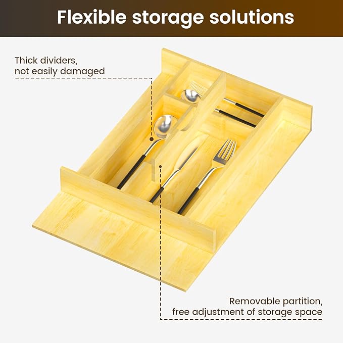 Silverware Drawer Organizer Wood with Adjustable Partition for Kitchen Utensil Cutlery Flatware Cabinet Storage Compartment Tray Insert with Dividers (13.2" W x 19.5" D x 2.5" H)