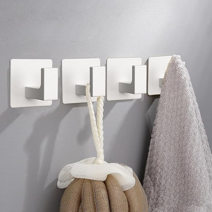 Vanloory Bath Towel Hooks, 4 Pack Self Adhesive Square Coat Hooks, Sturdy No Drilling Robe Hook, Heavy Duty Aluminum Clothes Hanger, Wall Hooks for Bathroom Bedroom Kitchen (2 in, White)