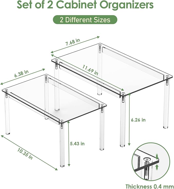 Delamu Cabinet Organizer Shelf for Kitchen, Set of 2 Acrylic Shelf Riser for Dish Organizer, Stackable Cabinet Riser for Counter, Pantry Organization and Storage, Clear