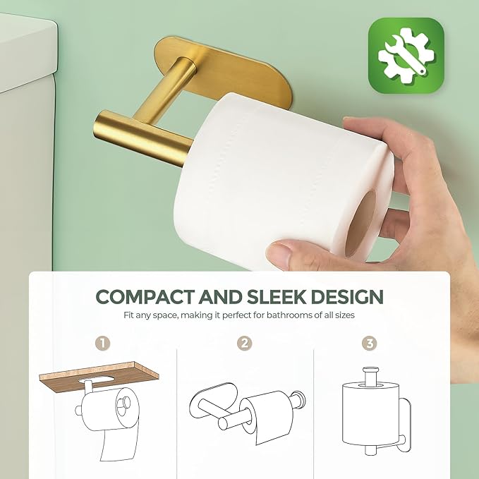 1 Pack Adhesive Toilet Roll Holder Stand - Gold SUS304 Stainless Steel, Rustproof Toilet Paper Holder No Drilling Tissue Holder for Kitchen Bathroom Wall Mount Bathroom Tissue Holder