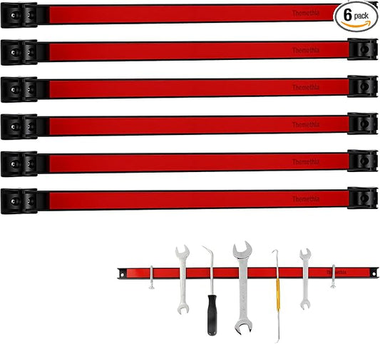 18" Magnetic Tool Holder Strip, 6 Pieces Red Metal Tool Organizer Rack with Stainless Steel Surface, Magnet Bar for Garage Workshop, Easy To Install with Mounting Screws