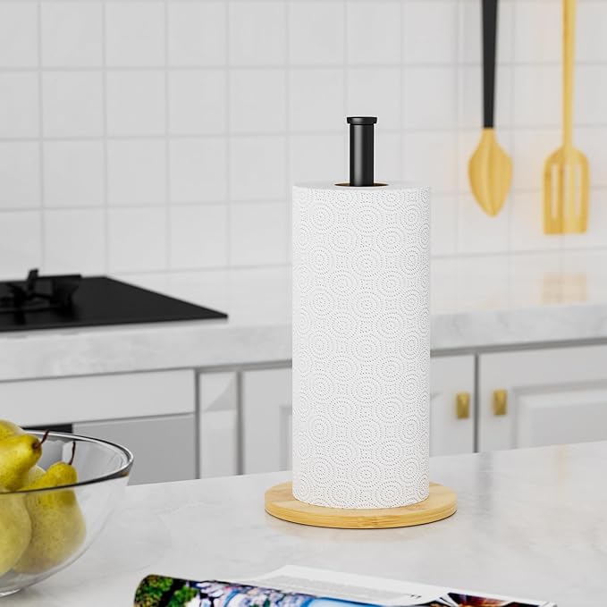 Paper Towel Holder Countertop, Weighted Wooden Base, Stainless Steel, FreeStanding, Easy Install, Durable, Ideal for Home,RV,Bathroom,Farmhouse Essentials Decor Accessories (Black)