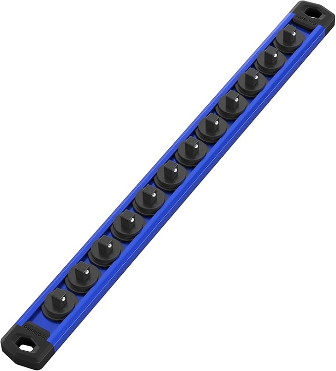 WORKPRO Magnetic Socket Organizer, 1/4-Inch Drive Aluminum Alloy Sockets Rail, Heavy Duty Sockets Holder, Socket Rack Kit 1/4-Inch x 12 Clips (Blue)