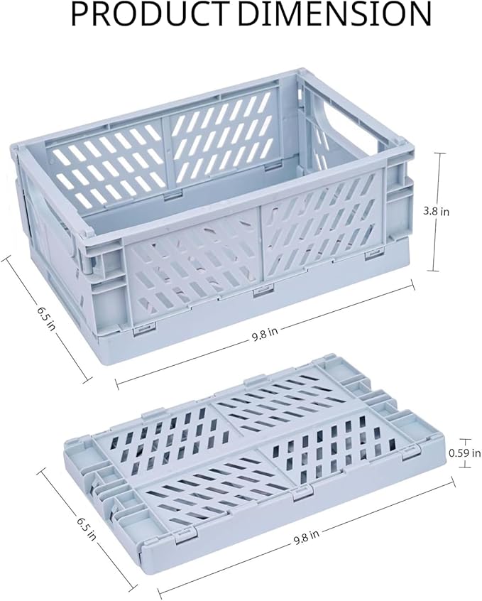 2 Pack Plastic Storage Collapsible Crate Organizer Basket Bin for Organizing Desk Drawer Shelf for Home Kitchen Bedroom Bathroom and Dorm Storage,9.8x6.5x3.8in, Blue