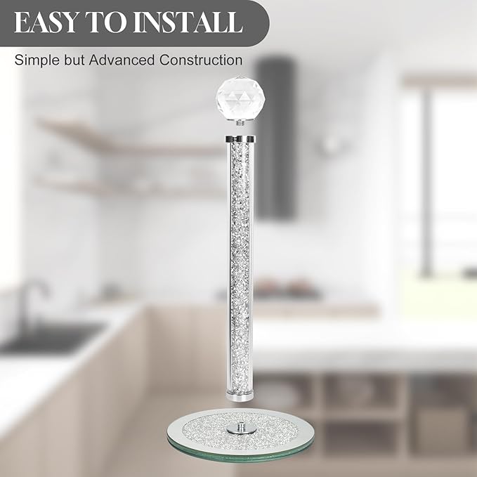 Decorative Paper Towel Holder, Silver Crystal Paper Towel Dispenser, Crushed Diamond Home Decor Toilet Roll Holder Stand with Heavy Base, Freestanding Paper Holder for Kitchen, Bathroom (Round/Silver)