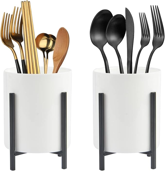 2 Pcs Silverware Holder for Countertop, Kitchen Spoon and Fork Holder, Utensil Caddy Countertop Utensil holder, Ceramic Cutlery Holder Robust Silverware Caddy with Black Metal Frame
