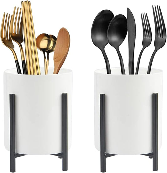2 Pcs Silverware Holder for Countertop, Kitchen Spoon and Fork Holder, Utensil Caddy Countertop Utensil holder, Ceramic Cutlery Holder Robust Silverware Caddy with Black Metal Frame