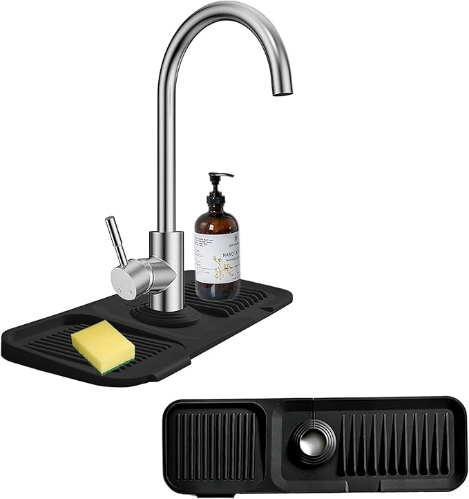 MOODKEY Kitchen Sink Splash Guard Silicone Faucet Handle Drip Catcher Tray Sink Protector for Kitchen Sink Sponge Holder for Kitchen Sink Faucet Mat Fits Faucet Tube within 2.5" (black, 17.7'')