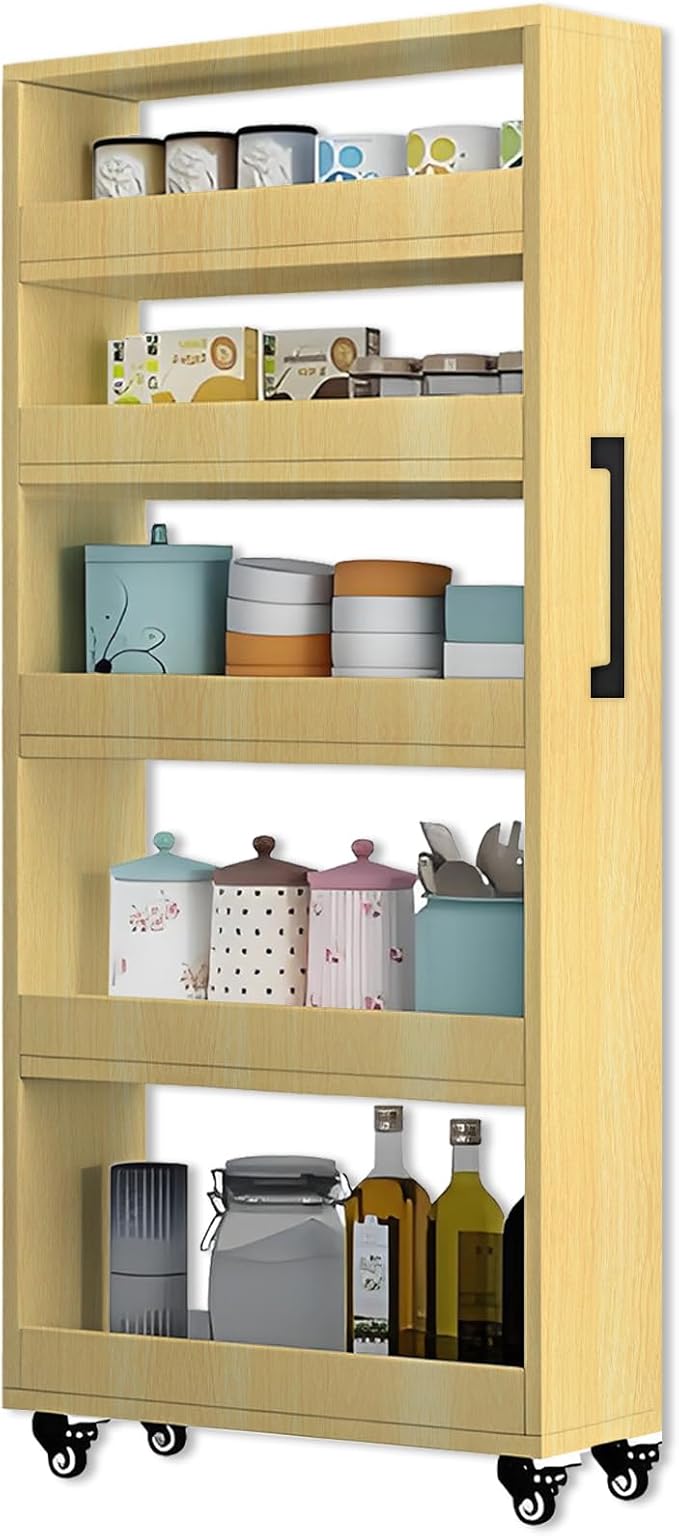 7-Tier Slim Rolling Storage Cart, Wooden Narrow Pantry Cabinet with Wheels, Tall Space-Saving Shelf Organizer for Kitchen, Laundry, Bathroom (Natural Wood Color, 59" H*9.8" W*19.6" D)
