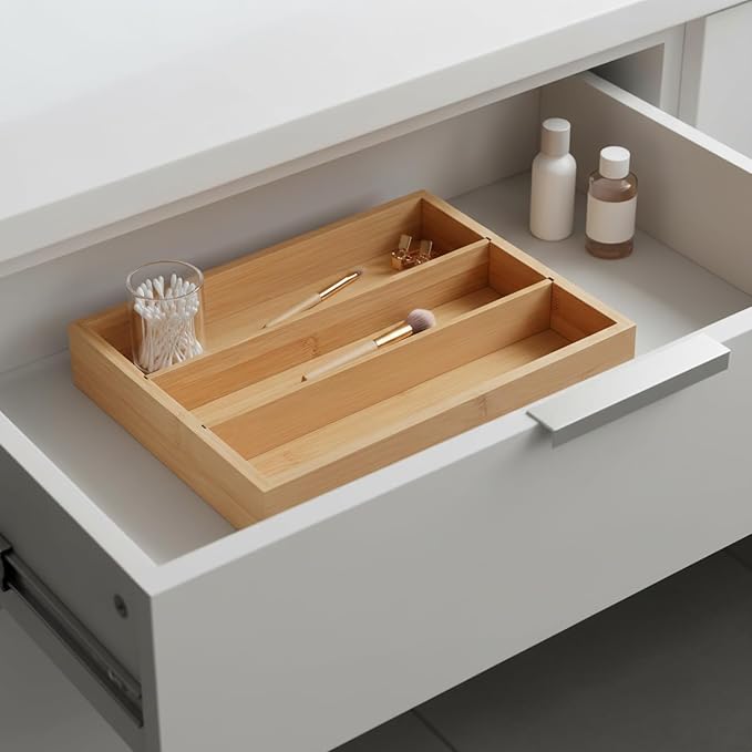 Wooden Silverware Organizer for Drawer, Bamboo Utensil Drawer Organizers, Kitchen Utensil Organizer Tray with 3 Storage Compartments, Flatware Organizers for Cutlery Flatware "9.84 x 8.27 x 1.57"