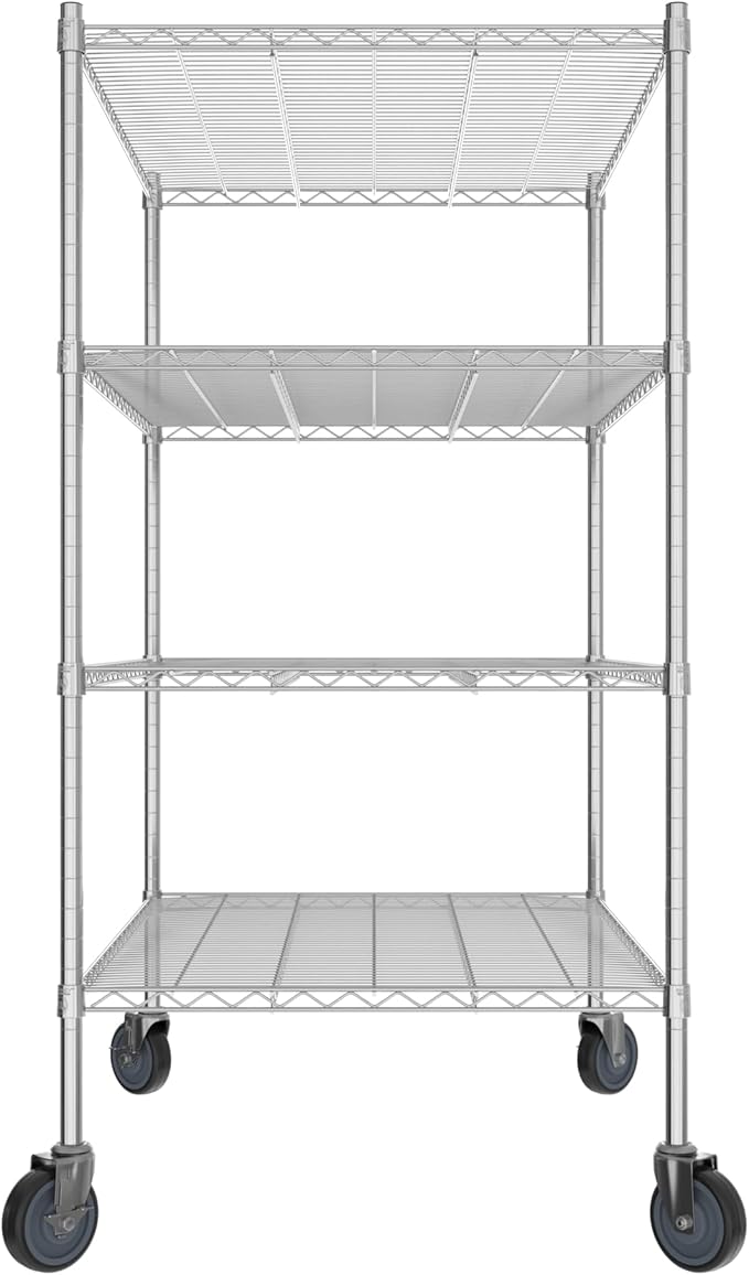 Commercial NSF Listed Chrome Mobile Wire Shelving Kit 30" x 42" x 60", with 4 Shelves Perfect for Warehouse, Walk-in Refrigerator, Freezer, Grocery Store, Restaurant, Dishroom