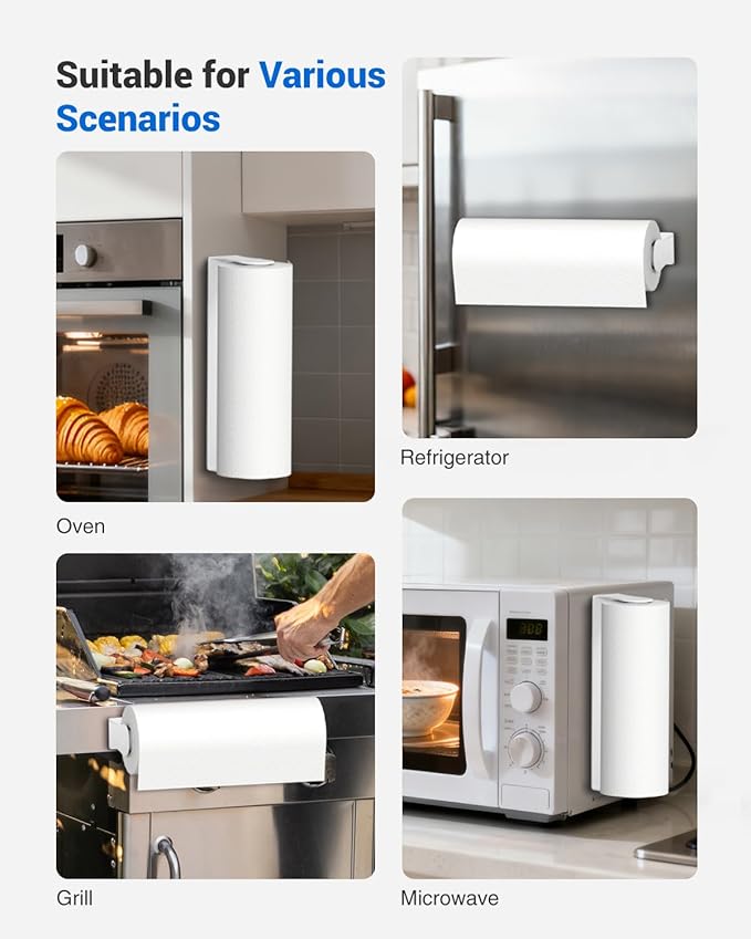 Magnetic Paper Towel Holder for Fridge, No Drilling, Strong Magnet, White, Paper Towel Holder Magnetic for Refrigerator, Rv, Grill, Kitchen Decor and Accessories