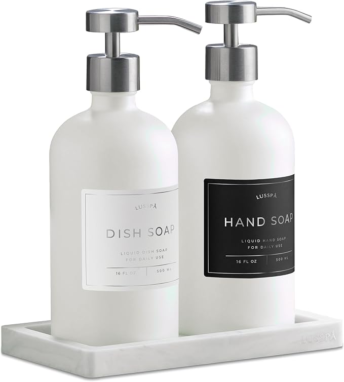 Lotion, Hand & Dish Soap Dispenser for Kitchen & Bathroom | Soap Dispenser Set of 2 16.8 Oz Glass Bottles with Stainless Steel Pump, 15 Water Proof Labels & Silicon Tray (White/Silver)