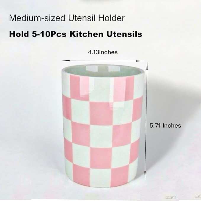 Checkered Utensil Holder, 4.13''x5.71 Utensils Caddy for Kitchen Counter, Medium Size Utensil Crock for Countertop, Utensils Organizer Storage for Parties Dining-Modern Pink and White