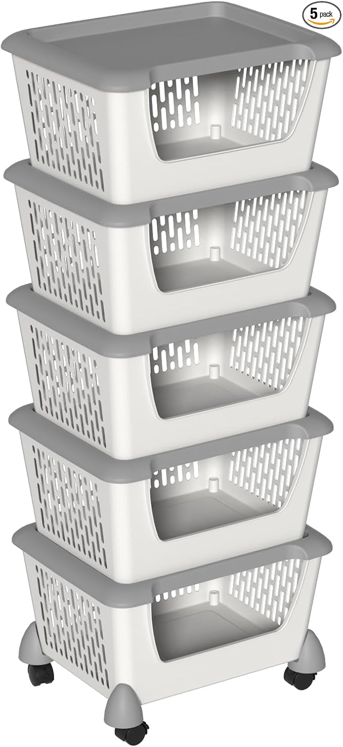 5 Pack Plastic Stacking Baskets with Wheels, Large Open Front Storage Basket, Grey