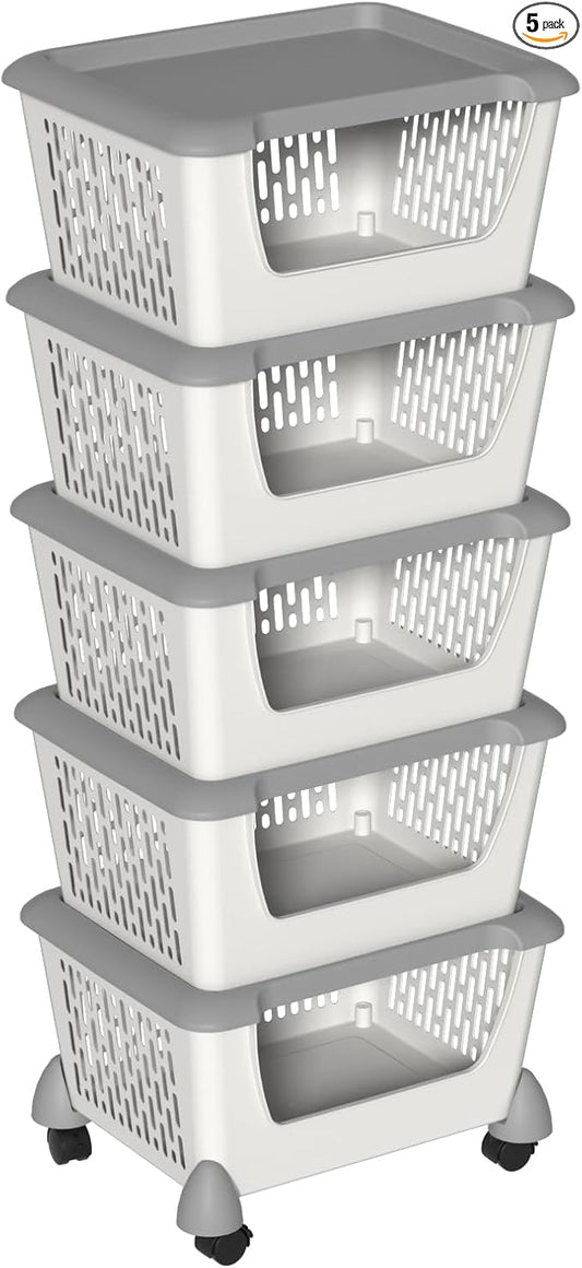 5 Pack Plastic Stacking Baskets with Wheels, Large Open Front Storage Basket, Grey