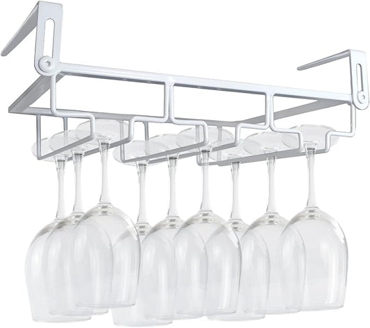 Adjustable Under Cabinet Stemware Holder - Metal Wine Glass Hanger Organizer for Kitchen, Bar, Shelf - Rustproof Hanging Storage Rack for 6-8 Glasses - Space Saving Decor (White, 3 Rows)