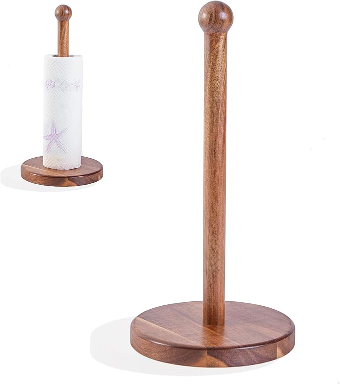 14" Acacia Wooden Paper Towel Holder, 6.7" Large Heavy Base Wooden Kitchen Paper Towel Roll Stand Organizer Free Standing, Rustic Farmhouse Paper Towel Holder Stand, Standing Paper Towel Roll Holders