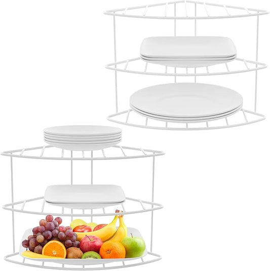 3-Tier Kitchen Details Corner Shelf Organizer | Cabinet & Countertop Storage | Plates | Cups | Bowls (2, White)