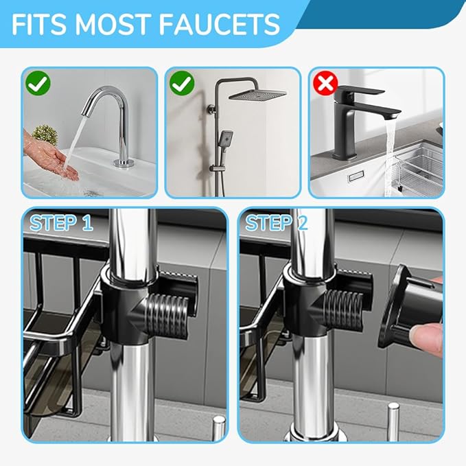 Eadwe Sink Organizer Rack for Kitchen and Bathroom, 2024 New Kitchen Sink Faucet Organizer with Drip Tray Faucet Sponge Holder (Silver, Right)