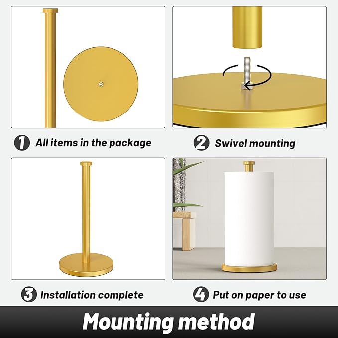 VEHHE Gold Paper Towel Holder Stand, Paper Towel Holder with Weighted Base and Suction Cups for Kitchen Bathrooms