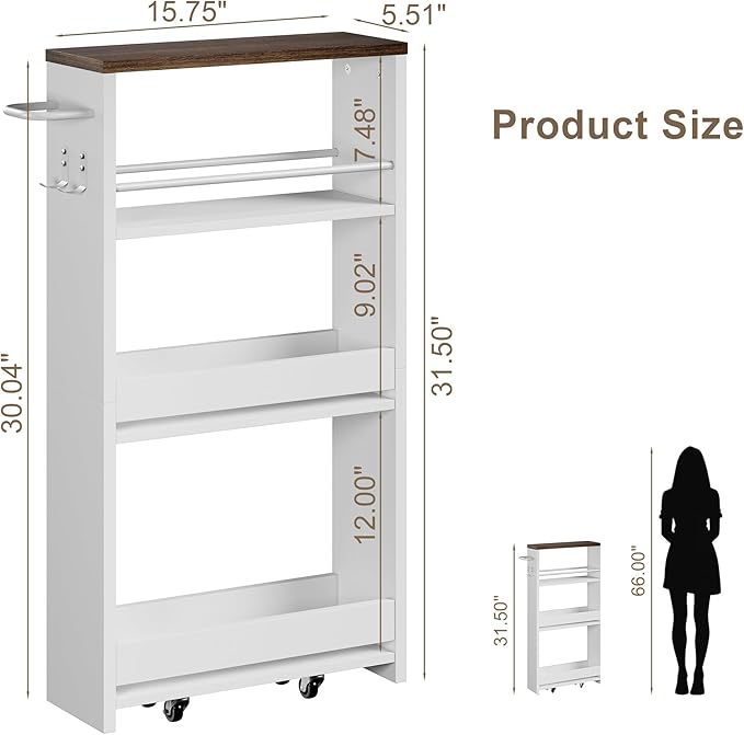 ChooChoo 4-Tier Slim Storage Cart, 5.5 inches Wide Narrow Storage Cabinet with 360° Wheels and 2 Hooks, Laundry Room Storage Organizer for Kitchen, Narrow Places, Walnut+White