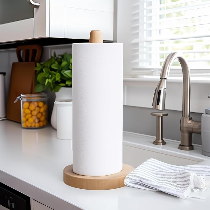 Wooden Paper Towel Holder Stand for Jumbo Roll - Kitchen Paper Hanger Rack Bathroom Towel Roll Stand Organizer Simply Standing Countertop Paper Roll Holder, Large