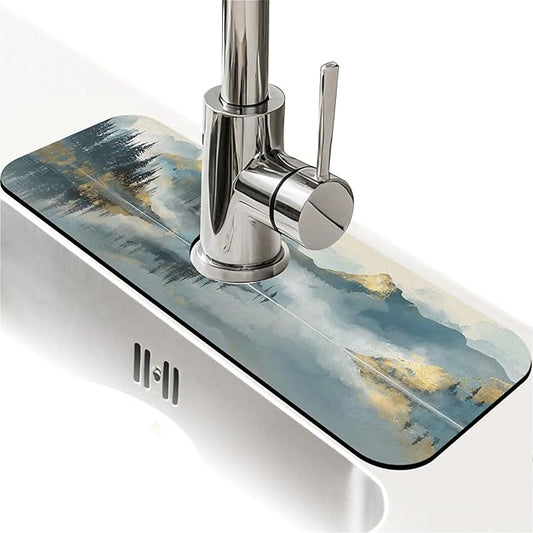 Kitchen Sink Splash Guard，Misty mountains,lake Faucet Mat Sink Gadgets-Super Absorbent Fast Drying Mat Drip Catcher for Kitchen, Bathroom,Sink Mat, Dish Drying Mat, Bathroom(15" X 5.5" )