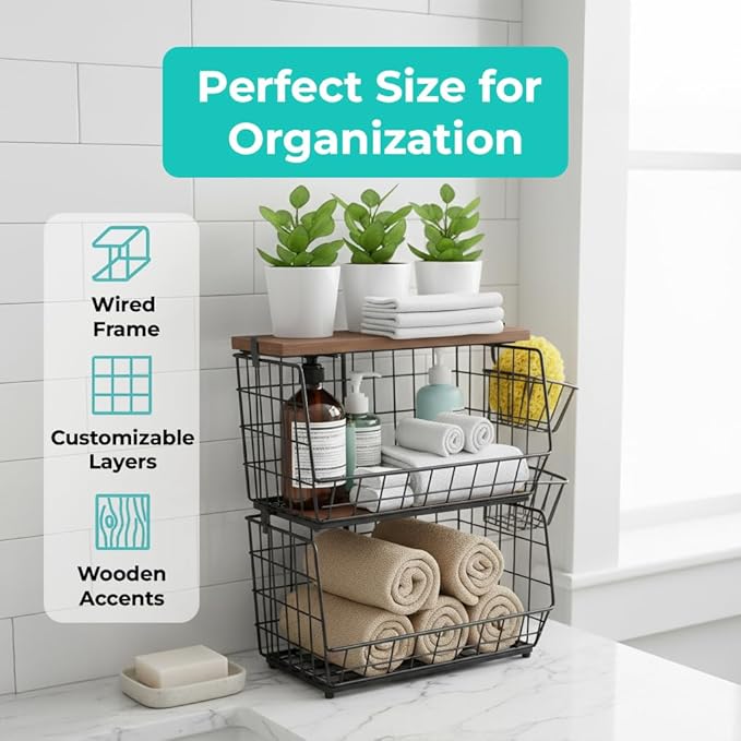 Storage Pantry Baskets – Heavy Duty Wire Bins for Kitchen, Bathroom & Laundry – Wall Mounted, Stackable Organizer for Snacks, Toiletries, Potatoes & Onions – 2 Pack Storage Set Bundle XXL