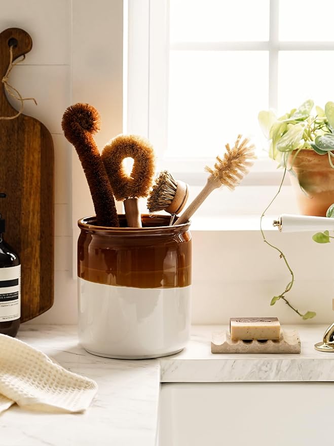 LE TAUCI Kitchen Utensil Holder, 7.2“&5.4” Ceramic Utensil Crock for Countertop, Rustic Modern Farmhouse Decor, Large Heavy Spatula Organizer, Vintage Two-Tone Glossy Glaze, Set of 2, Brown & White