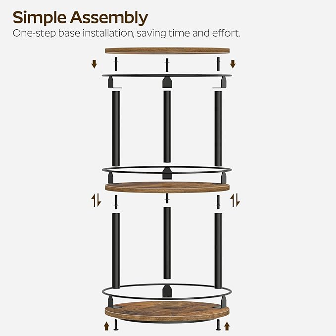3-Tier Lazy Susan Organizer, Rotating Spice Rack, Spinning Organizer, Industrial Turntable Spice Rack Organizer for Cabinet, Kitchen Countertop, Pantry, Rustic Brown and Black SR23BR