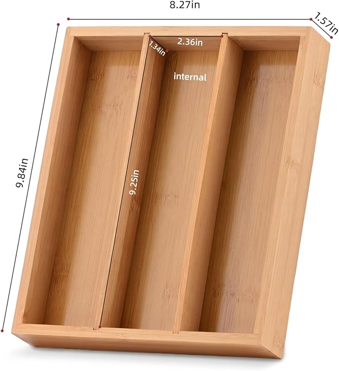 Wooden Silverware Organizer for Drawer, Bamboo Utensil Drawer Organizers, Kitchen Utensil Organizer Tray with 3 Storage Compartments, Flatware Organizers for Cutlery Flatware "9.84 x 8.27 x 1.57"