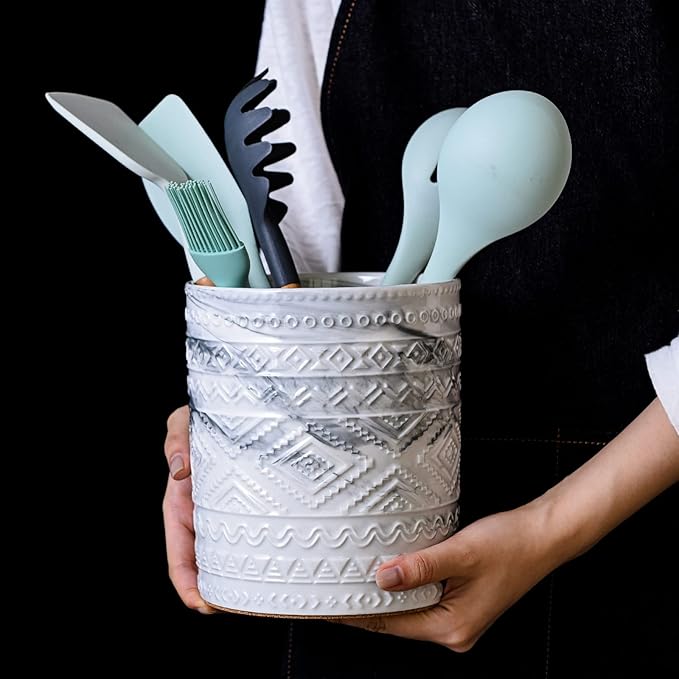 Yundu Grey Ceramic Marble Kitchen Utensil Holder for Countertop, Utensil Crock for Home Décor
