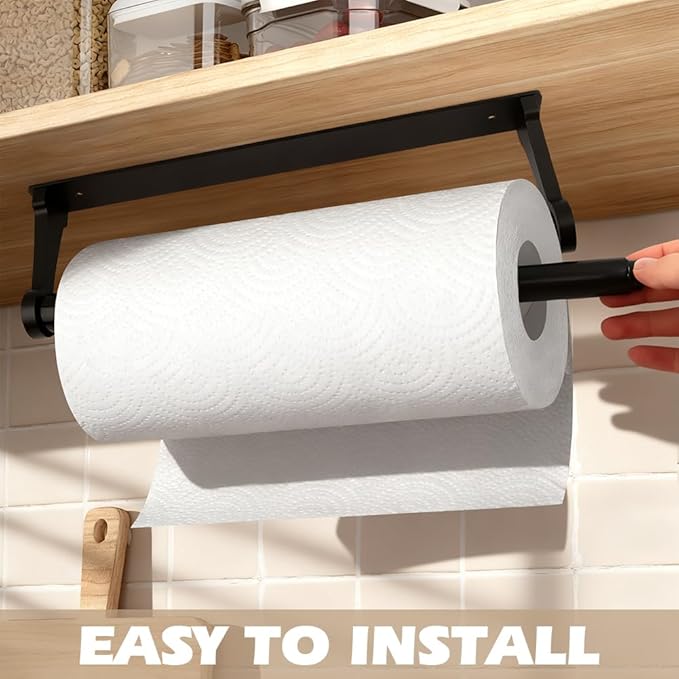 Paper Towel Holder Under Cabinet, Paper Towel Holder, Space Aluminum Kitchen Towels Holders, Self Adhesive Kitchen Roll Holder for Kitchen, Bathroom, Living Room, with Magnetic Hook