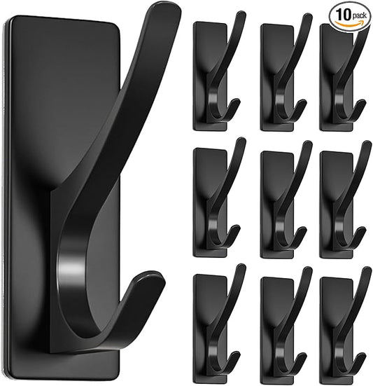 Josmimic 10-Pack Self Adhesive Towel Hooks: Extra Strong 13LB, Stainless Hook for Hanging Loofah, Towels, Coat, Bath Robe Bathroom Shower, Black