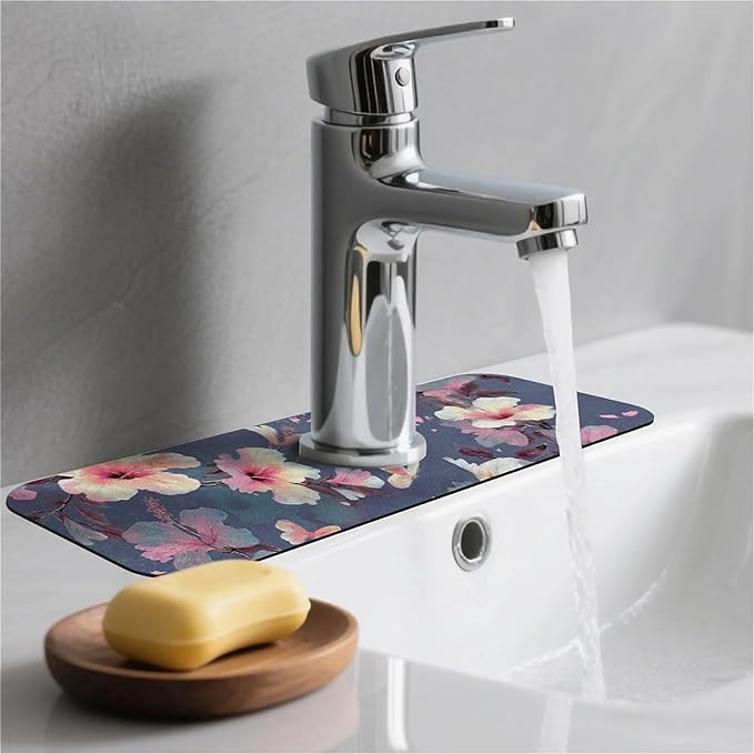Kitchen Sink Splash Guard，Japanese camellia butterfly Faucet Mat Sink Gadgets-Super Absorbent Fast Drying Mat Drip Catcher for Kitchen, Bathroom,Sink Mat, Dish Drying Mat, Bathroom(15" X 5.5" )