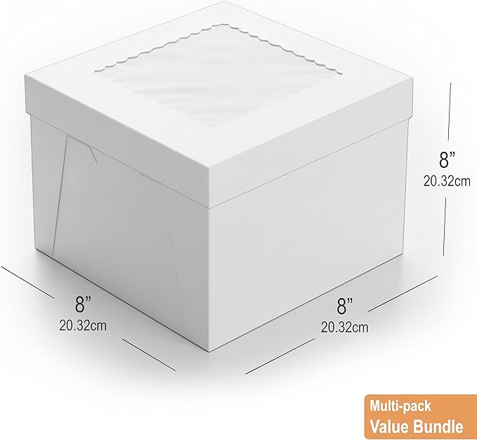 BOARDS+ 8 Inch Cake Boxes with Clear Window (15 Pack) – Sturdy Cardboard, Easy to Assemble, Disposable Cake Carriers for Weddings, Birthdays, and Special Occasions (8x8x8 Inches)