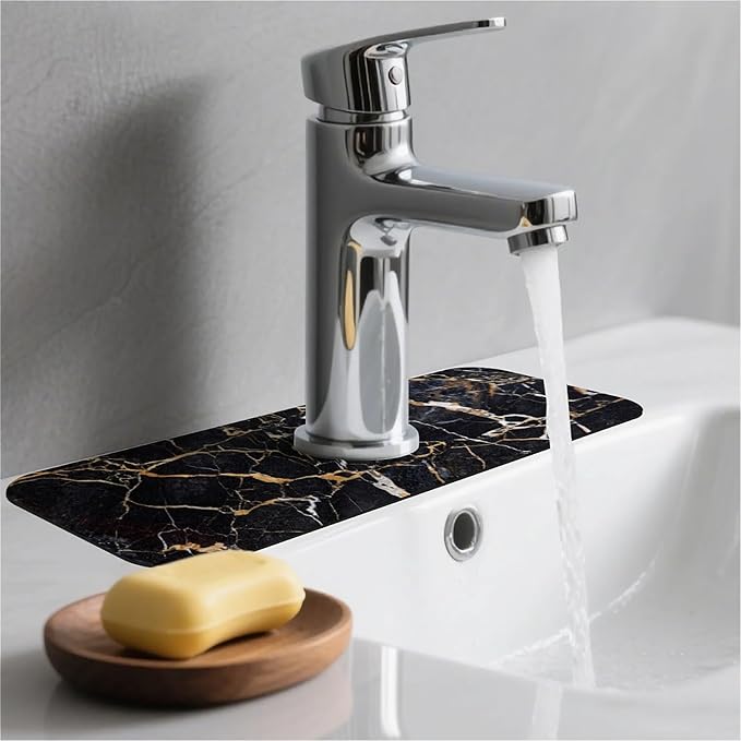 Kitchen Sink Splash Guard，Black marble with yellow and white Faucet Mat Sink Gadgets-Super Absorbent Fast Drying Mat Drip Catcher for Kitchen, Bathroom,Sink Mat, Dish Drying Mat, Bathroom(15" X 5.5" )