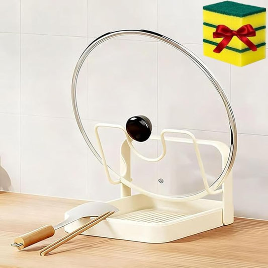 Kitchen Pot Lid Storage Rack, Pot Lid Holder for Countertop, Rust-Resistant Steel Lid Holder While Cooking, Multifunctional Spoon Rest with Removable Drip Tray (Beige, Single-layer)