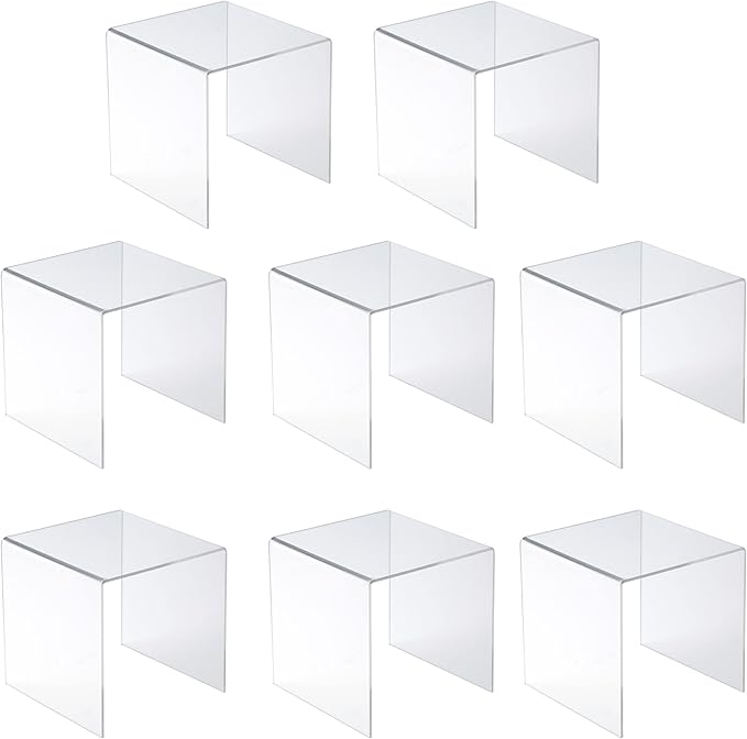 Jusalpha® 8 PC 5'' Clear Acrylic Risers, Acrylic Display Risers Shelf Showcase Fixtures for Jewelry, Display Stand for Amiibo Funko POP Figures, Cupcakes, Food Display, Cabinet- Lot of 8 (5x5x5 Inches)