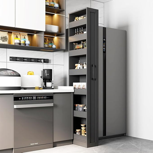 7 Tier multi-functional pull-out storage Cart for Next to Fridge, Rolling Slim Narrow Utility Cart for Small Spaces, Single sided open Spice Rack for Kitchen, Living Room & Narrow Spaces (Black)